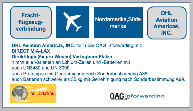 DHL Aviation Americas, INC. teilt über OAG Inforwarding mit: DIRECT MIA-LAX- ab 26.Mai- Region Nordamerika, Südamerika BF-DE-Fracht-DHL-Aviation-OAG-Inforwarding-Nordamerika-Su-damerika-Lithiumzellen-Lithiumbatterien-Versand-Verpacken-Transport-Luftverkehr