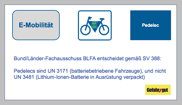 Deutschland: Pedelecs sind UN 3171 (batteriebetriebene Fahrzeuge), und nicht UN 3481 (Lithium-Ionen-Batterie in Ausrüstung verpackt)  Da die erste Textfassung dieses Beitrags missverständlich war, hier nun die klarer gefasste Version: BF-DE-Pedelecs-UN3171-BLFA-E-Mobilita-t