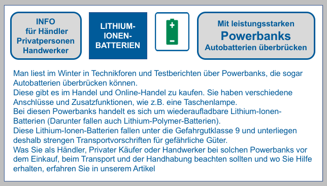 Mit Powerbanks Autobatterien überbrücken BF-DE-Powerbanks-Lithiumionenbatterie-Handel-Lithiumzellen-UN38-3-Qualita-tsmanagementprogramm-UN-3480-Versand-Transport-Gefahrgut-Verpacken