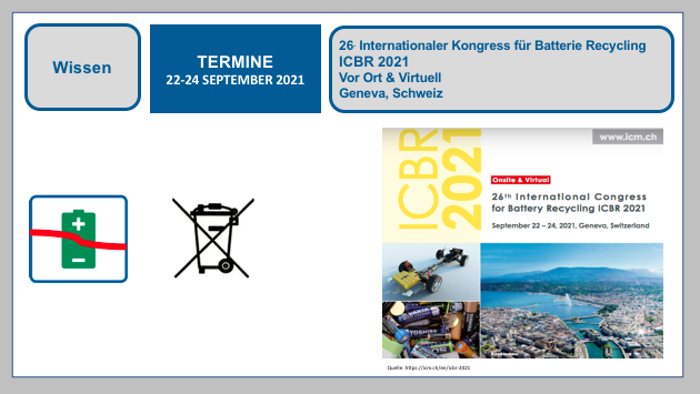 26. Internationaler Kongress für Batterie Recycling ICBR 2021 Vor Ort & Virtuell 22-24 SEPTEMBER 2021 Geneva, Schweiz BF-DE-ICBR-2021-Batterierecycling-Kongress-Geneva-Lithiumzellen-Lithiumbatterien-Versand-Transport-recycling613b6eea277e1