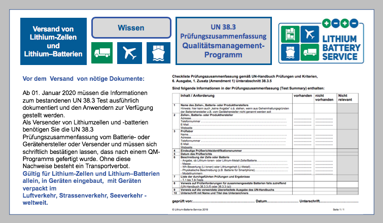 Vor dem Versand von Lithiumzellen und -batterien nötige Dokumente: UN 38.3 Prüfungszusammenfassung ,Qualitätsmanagement-Programm, Ausnahmen BF-DE-UN-38-3-Pruefungszusammenfassung-Qualitaetsmanagement-Programm-Lithium-Batterien-Lithium-Ionen-Batterie-Lithium-Metall-Batterie-Verpacken-Versand-Transport