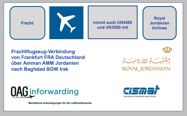 Cismat veröffentlichte über OAG Inforwarding: Royal Jordanian Airlines: Frachtflugzeug-Verbindung am 2. Februar 2019 BF-DE-Oag-Inforwarding-Royal-Jordanian-Airlines