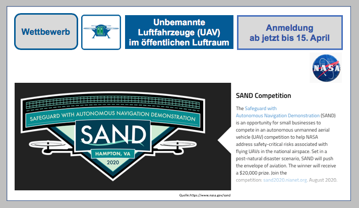 NASA`s Langley Research Center schreibt einen $20.000 UAV- „Saveguard“ ( SAND)-Wettbewerb aus BF-DE-NASA-s-SAND-Competition-Dronen-im-o-ffentlichen-Luftraum-Lithiumzellen-Lithiumbatterien-Lithium-Ionen-Akkus-Dronen-UAV-Wettbewerb