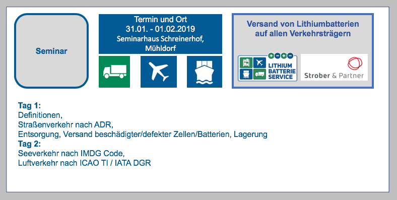Seminar am 31.01. - 01.02.2019 Lithium-Batterie-Einweisung-Versand von Lithiumbatterien auf allen Verkehrsträgern BF-DE-Seminar-31-1-01-2-19