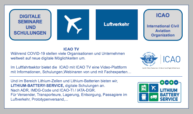 ICAO-TV. Digitale Schulungen. Im Luftfahrtsektor bietet die ICAO mit ICAO TV eine Video-Plattform mit Informationen, Schulungen,Webinaren von und mit Fachexperten… BF-DE-ICAO-TV-Online-Seminare-digitale-seminare-Luftverkehr-Lithiumbatterien-Lithiumzellen-Verpacken-Versand-Transport-Prototyp-UN-38-3-Pruefungszusammenfassung-Qualitaetsmanagemen