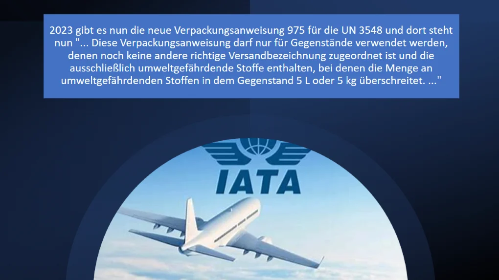 UN 3548 Luftverkehr: Freistellung, wenn bis 5 kg UN 3077 bzw. 5 L UN 3082 enthalten sind