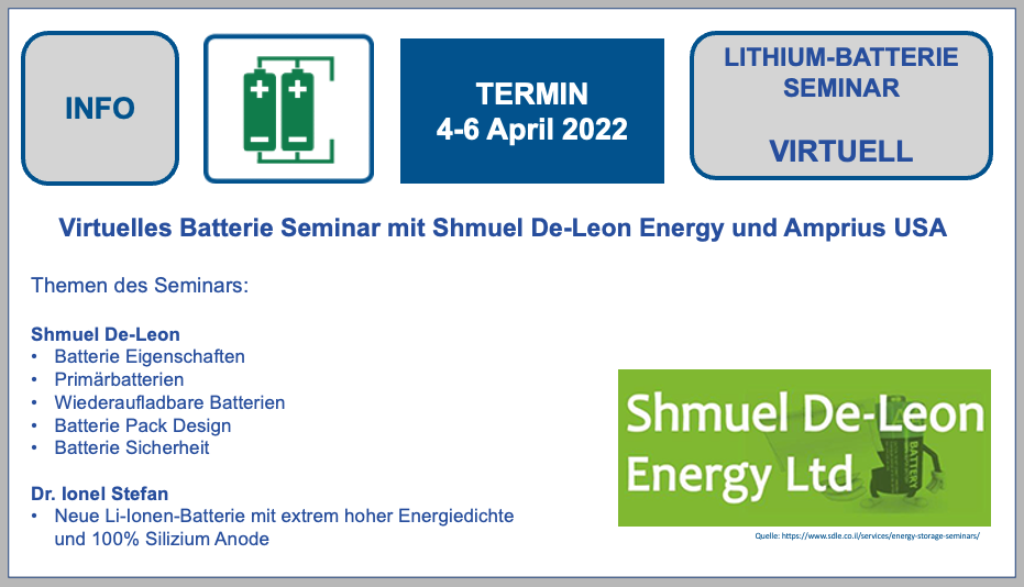 Virtuelles Batterie Seminar 4.- 6. April 2022 Shmuel De-Leon Energy und Amprius USA BF-DE-shmueldeleon-april2022-amprius-Lithiumbatterieseminar-Lithiumbatterien-Batterietechnologie-Lithiumzellen-Transport-Verpacken