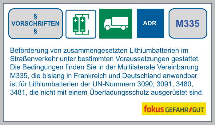 Multilaterale Vereinbarung M335 Beförderung von zusammengesetzten Lithiumbatterien, die nicht mit einem Überladungsschutz ausgerüstet sind BF-DE-M335-ADR-Strassenverkehr-Lithiumbatterien-UN38 3-Qualita-tsmanagementprogramm-Versand-Transport-Gefahrgut-Verpacken