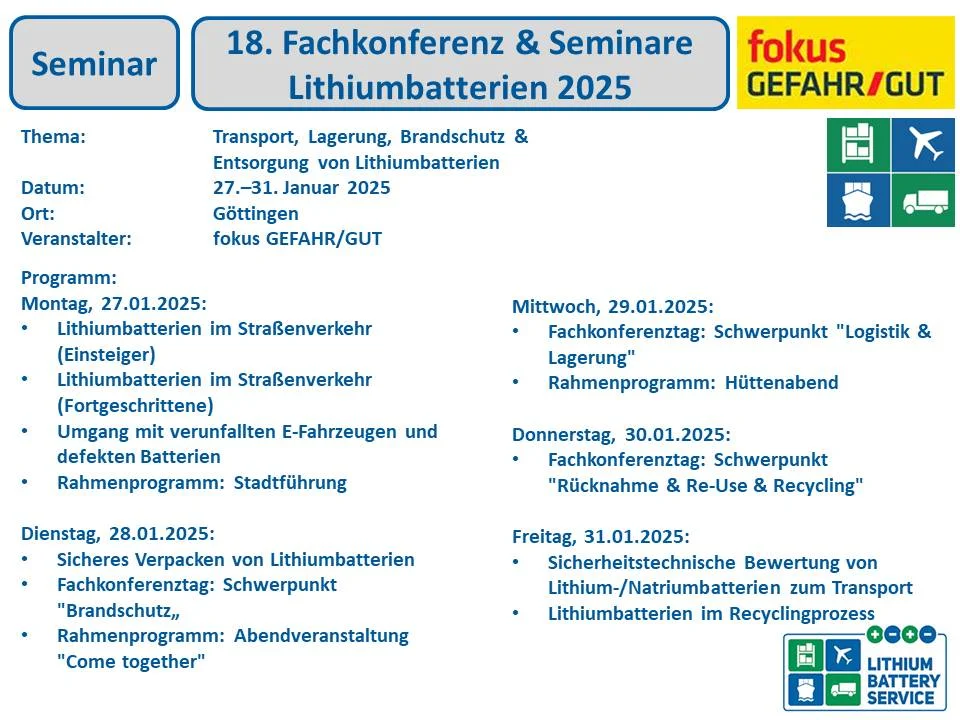 18. Fachkonferenz & Seminare: Lithiumbatterien 2025 Transport, Lagerung, Brandschutz & Entsorgung von Energiespeichern 18. Fachkonferenz Seminare Lithiumbatterien 2025