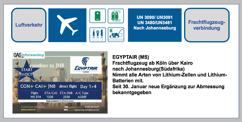 EGYPTAIR (MS) Frachtflugzeug ab Köln über Kairo nach Johannesburg (Südafrika) - nimmt alle Arten von Lithium-Zellen und Lithium-Batterien mit-Seit 30. Januar neue Ergänzung zur Abmessung bekanntgegeben BF-DE-Egyptair-Frachtflugzeugverbindung