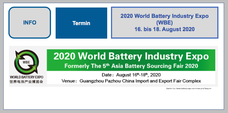 2020 World Battery Industry Expo (WBE) 16. bis 18. August 2020, Guangzhou, China BF-DE-2020-World-Battery-Industry-Expo-Lithiumbatterien-Lithiumzellen-Verpacken-Versand-Transport-Prototyp-UN-38-3-Pruefungszusammenfassung-Qualitaetsmanagement-Programm