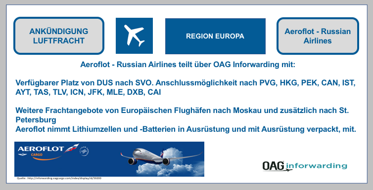 Aeroflot-Russian Airlines teilt über OAG Inforwarding mit: