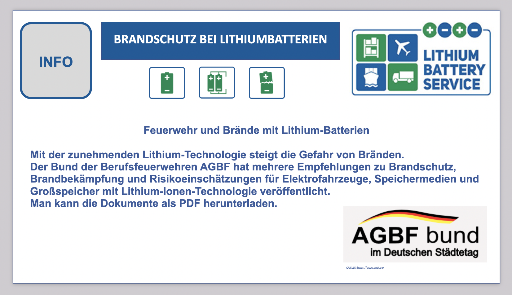 Feuerwehr und Brände mit Lithium-Batterien-Empfehlungen der AGBF