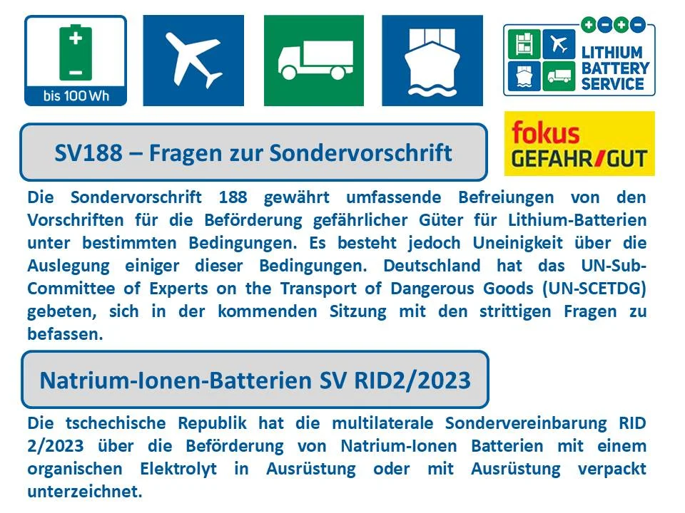 Lithiumbatterien: Fragen zur Sondervorschrift 188 & Natrium-Ionen-Batterien: Tschechien unterzeichnet RID 2/2023 fokus Gefahrgut Natrium-Ionen-Batterien de